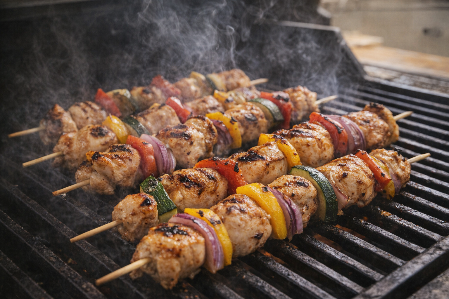 A close-up shot of chicken skewers grilling on a barbecue, visible grill marks, steam rising, colorful vegetables interspersed with the chicken
